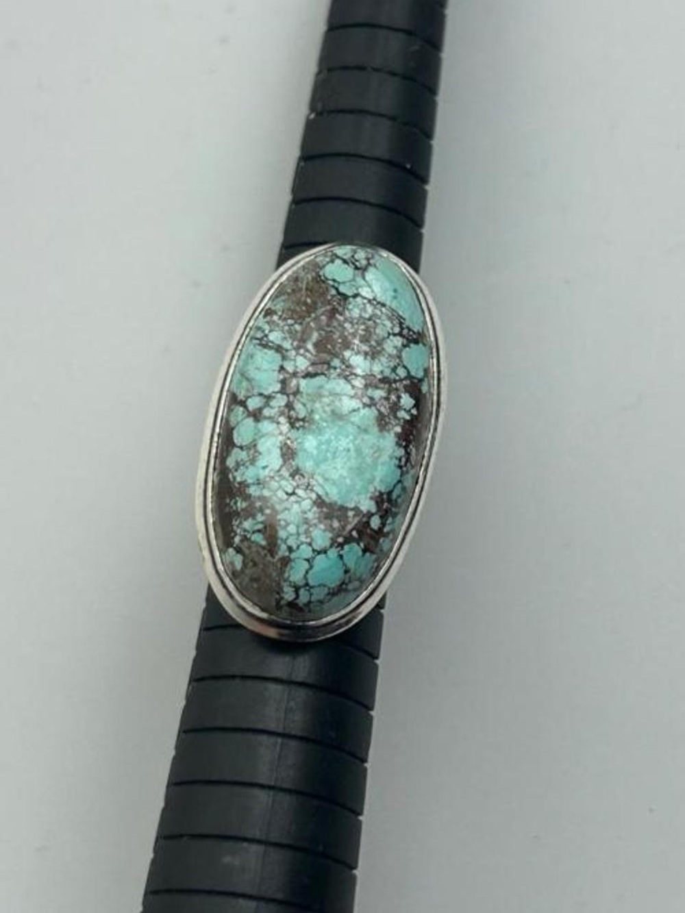 Oval Turquoise Stone Silver-Style Ring - Blue Green